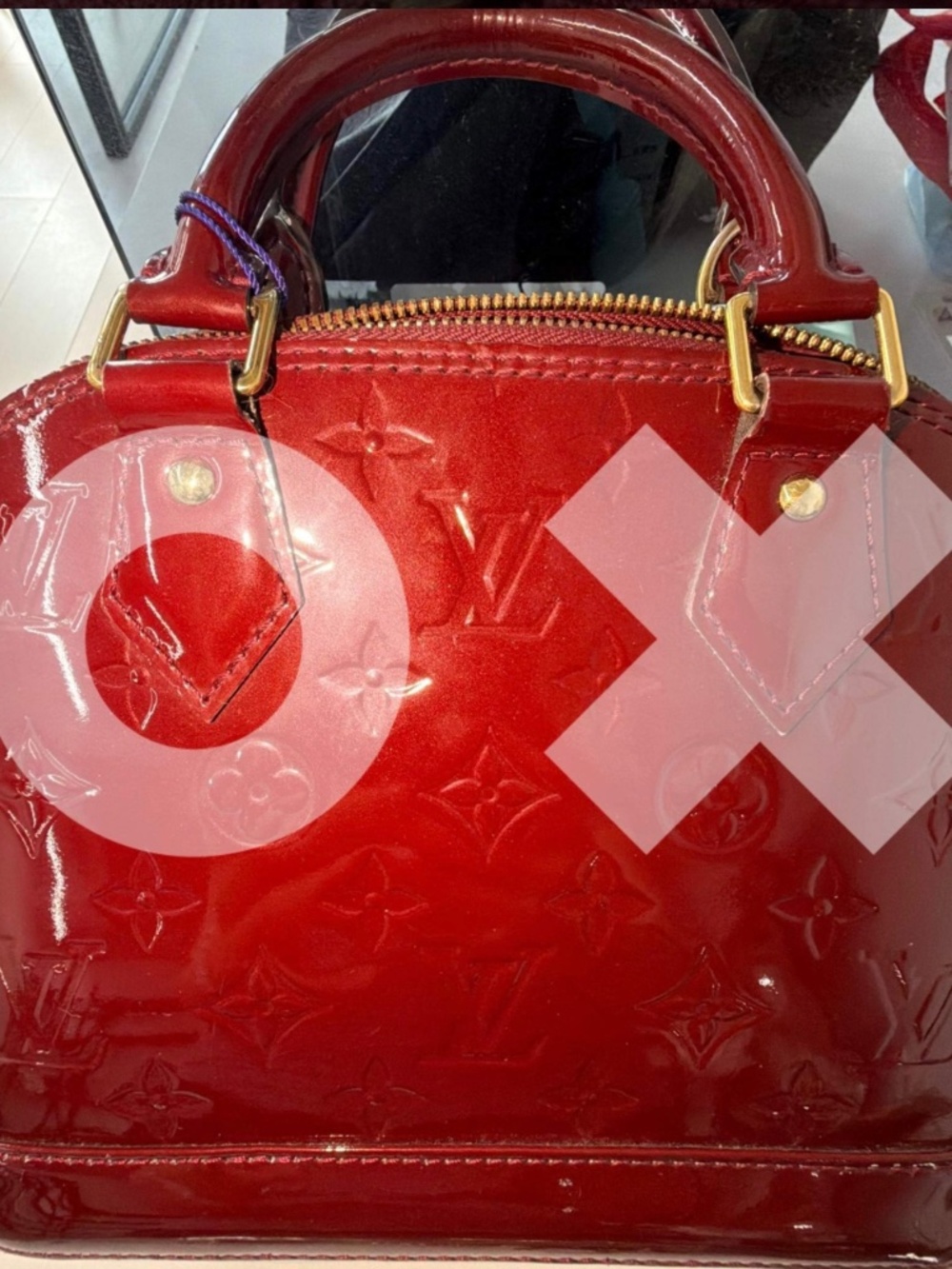 Louis Vuitton Vernis Monogram Alma BB Handbag In Burgundy With Gold Hardware